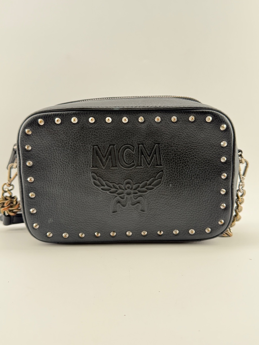 MCM Black Leather Studded Belt Bag